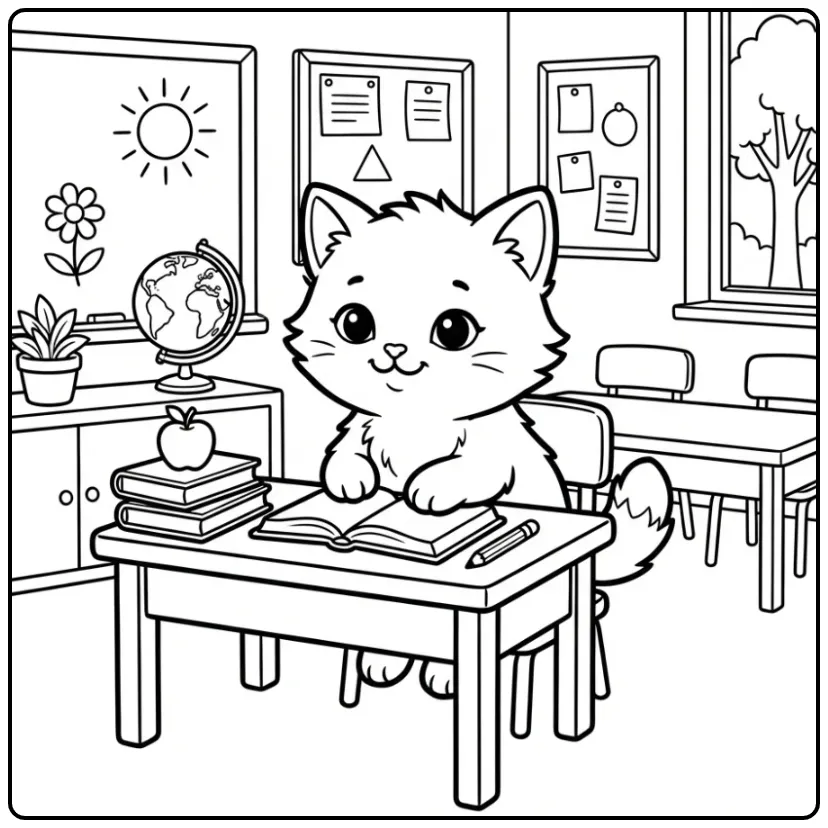 Kitten in a Classroom with Books and Chalkboard coloring page