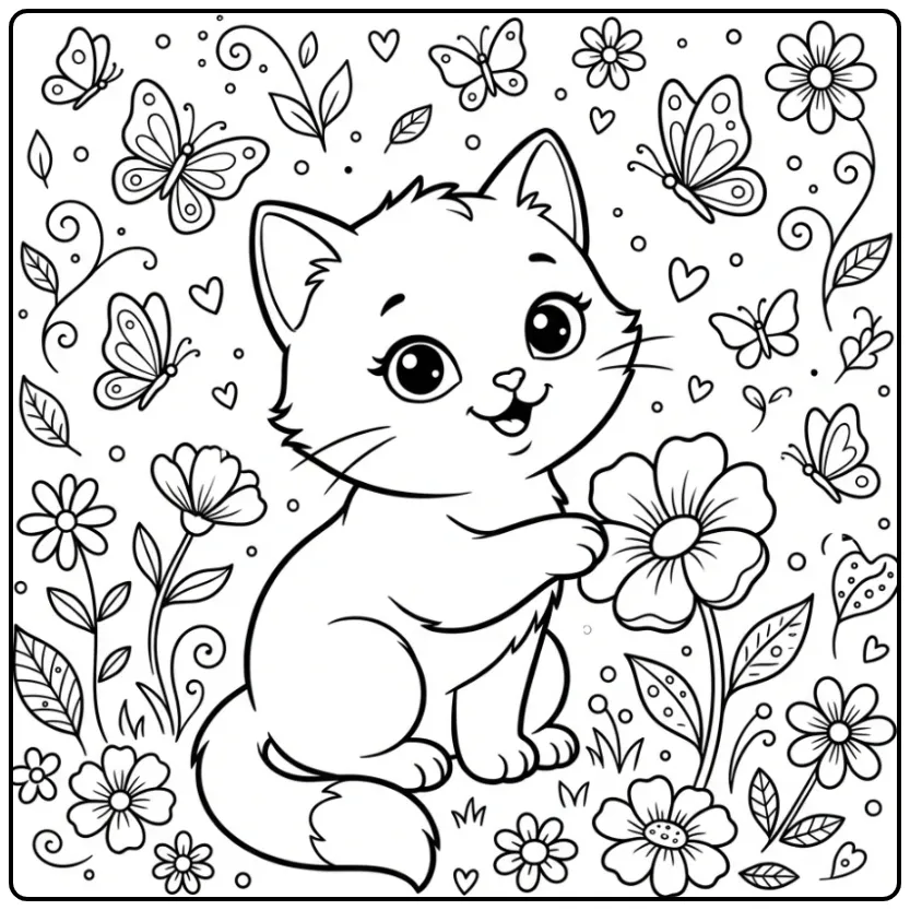 Kitten in a Flower Meadow with Butterflies coloring page