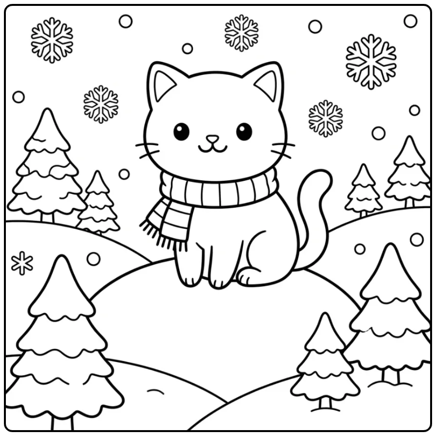 Kitten in a Winter Landscape with Snowflakes coloring page