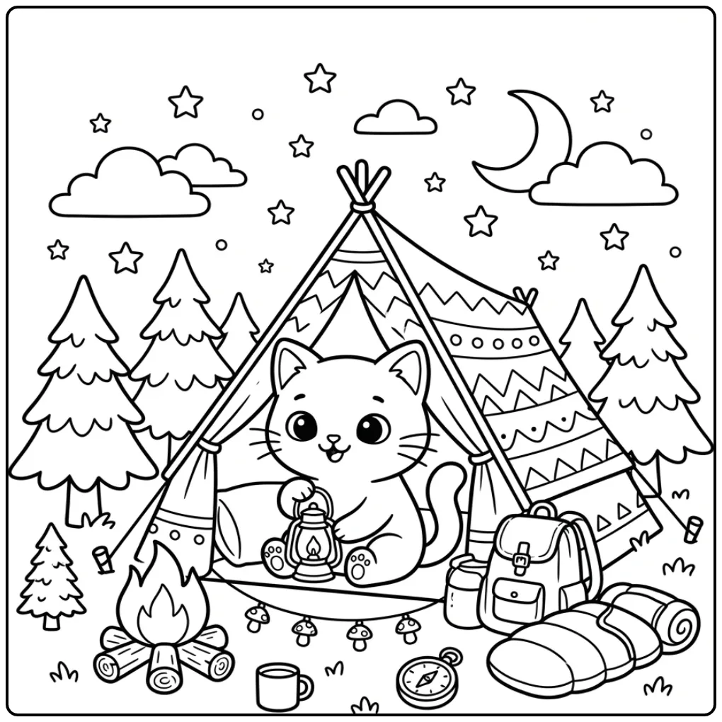 Kitten Camping in the Forest by a Campfire coloring page
