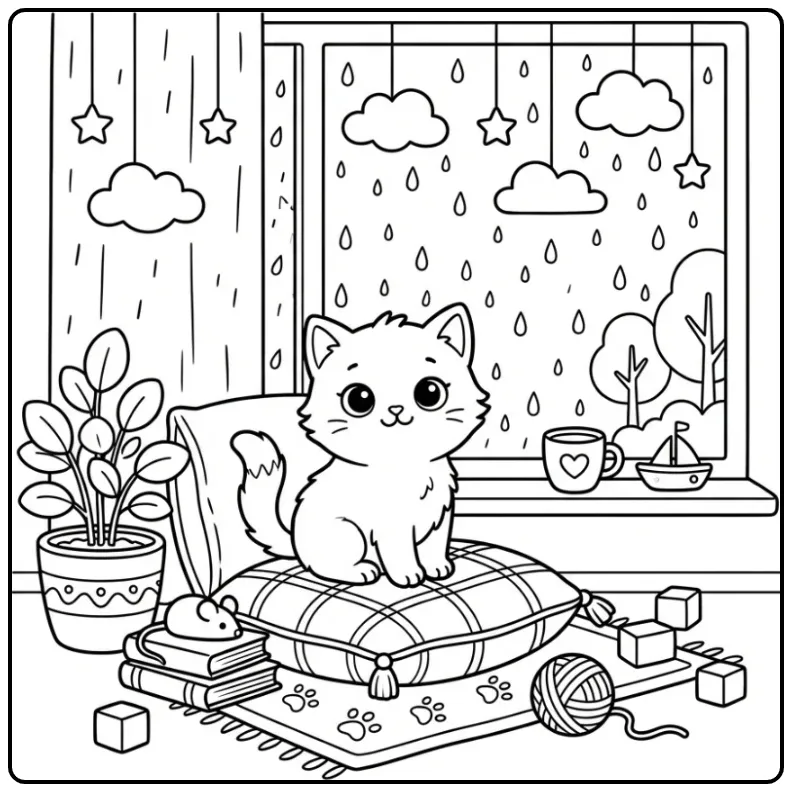 Kitten Watching Rain by the Window coloring page
