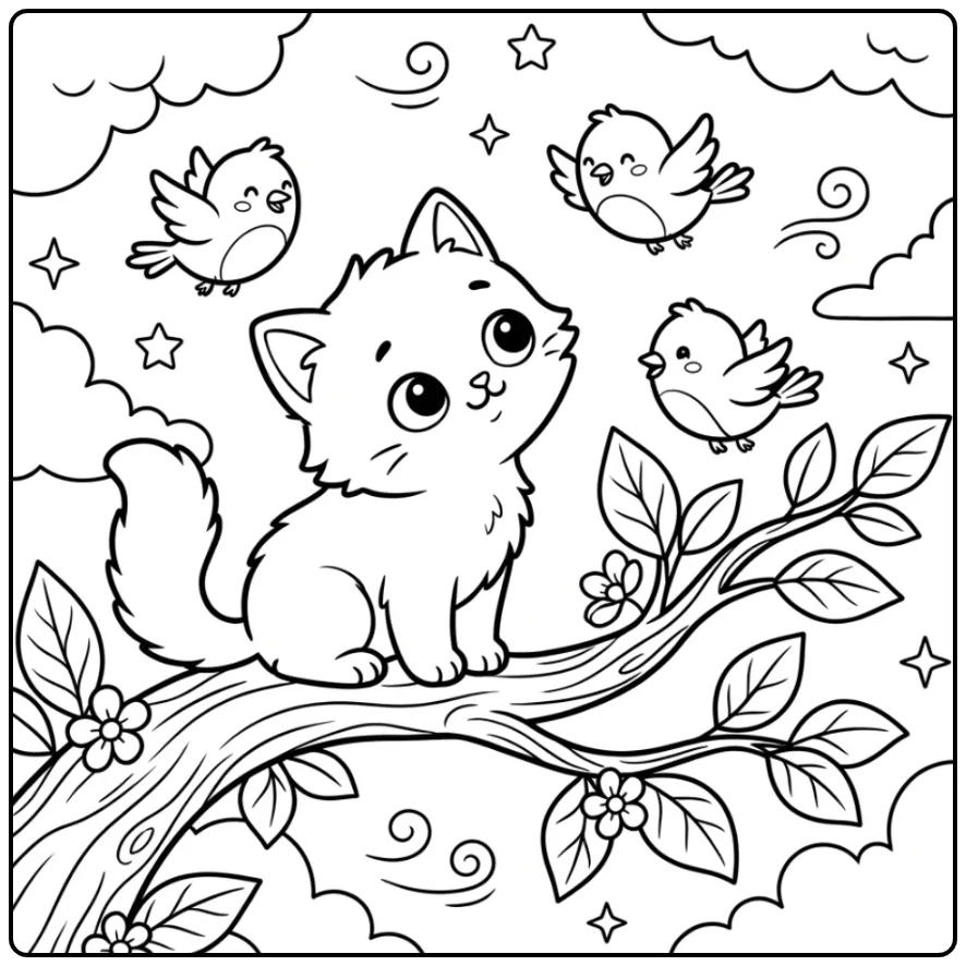 Kitten Watching Birds in a Tree coloring page