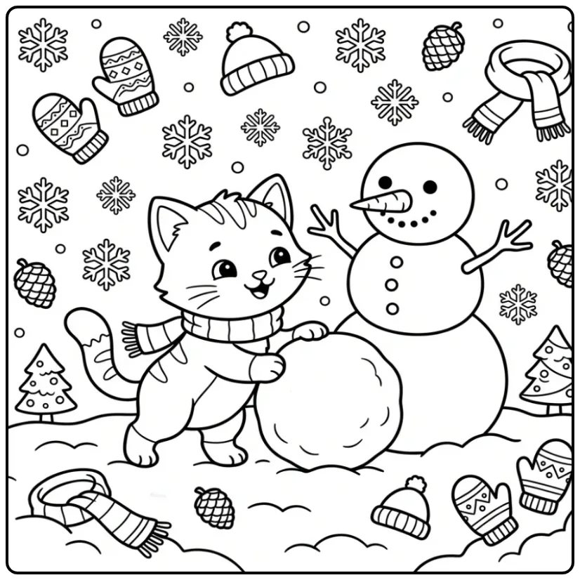 Kitten Building a Snowman coloring page