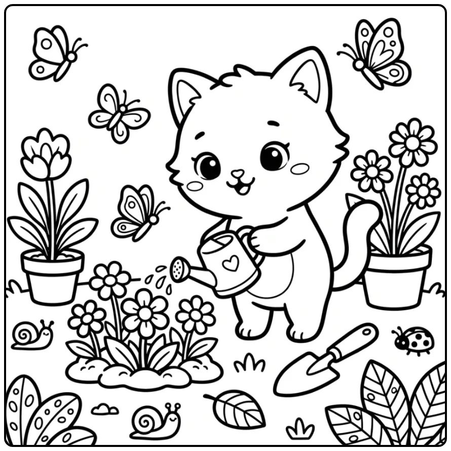 Kitten with a Watering Can and Butterflies coloring page