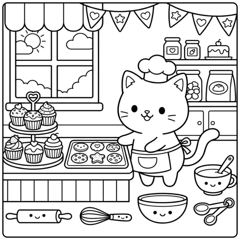 Kitten with Cookies and Sweets coloring page