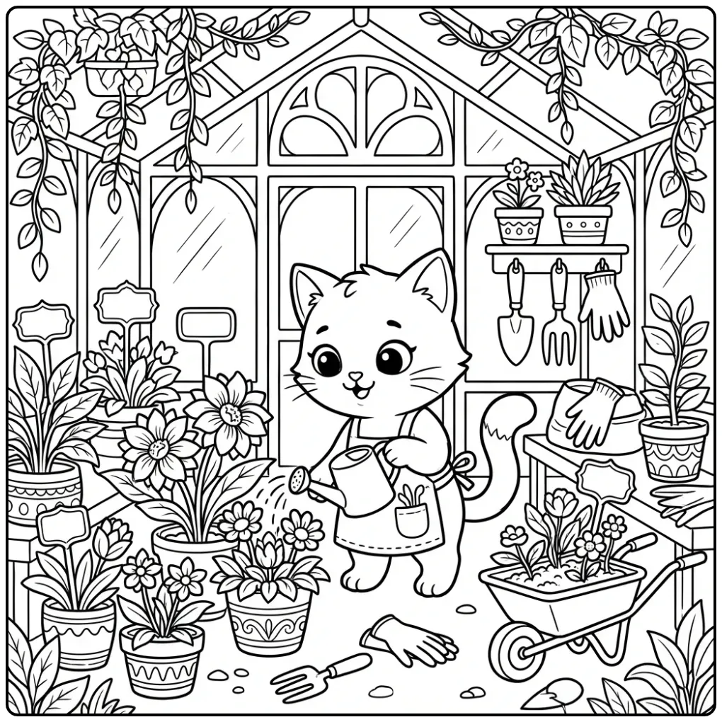Difficult Kitten coloring page with plants in a greenhouse