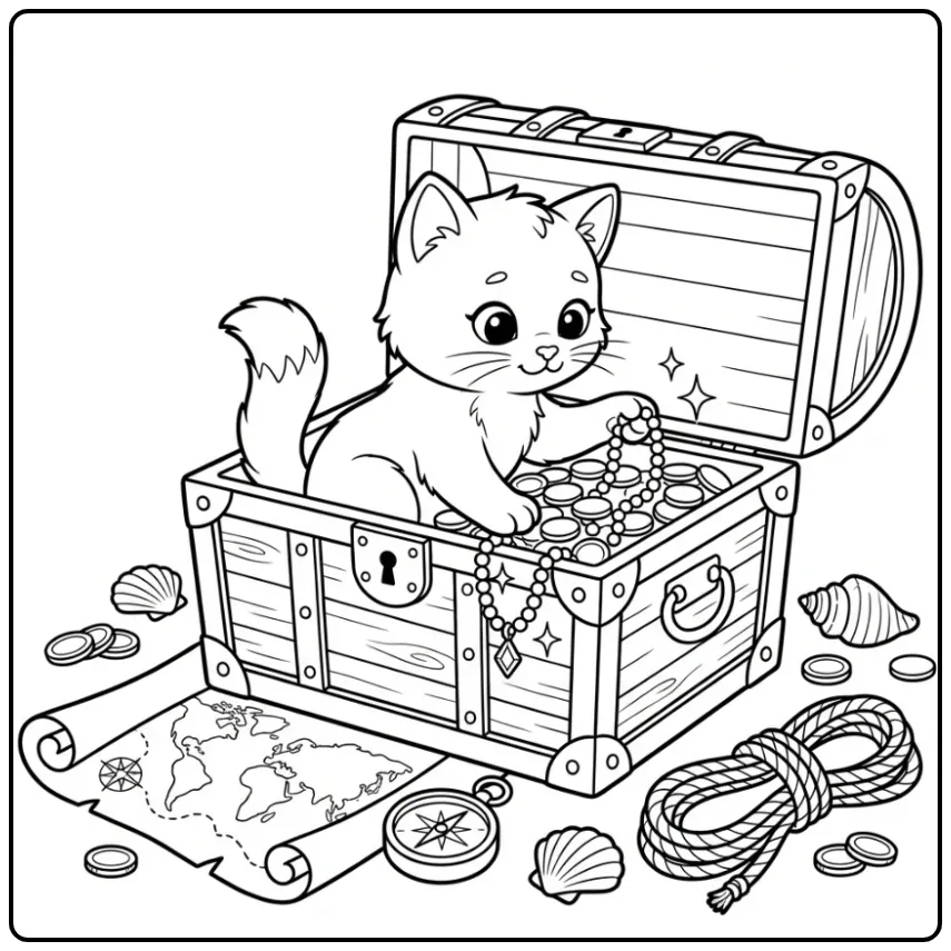 Difficult Kitten coloring page in a treasure chest