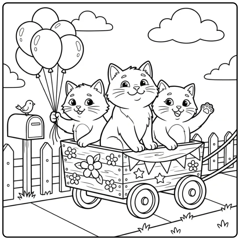 Easy Cats coloring page with kittens in a wagon