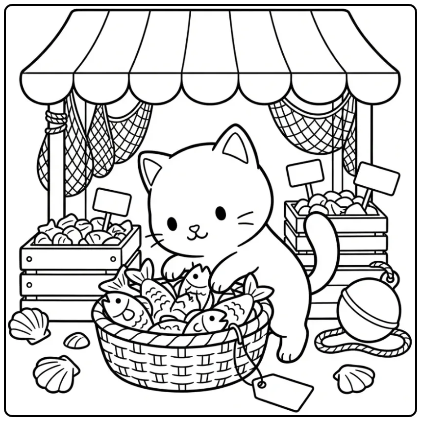 Difficult Kitten coloring page by a fish stall