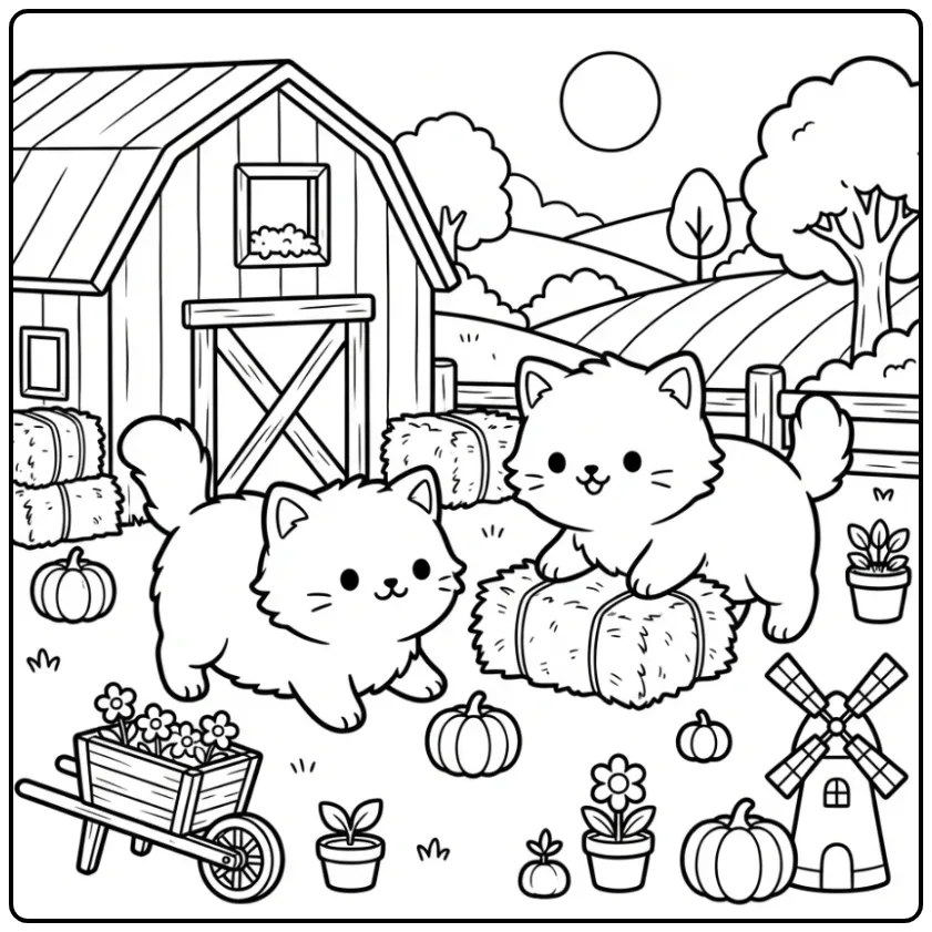Kitten on a Farm with Hay coloring page