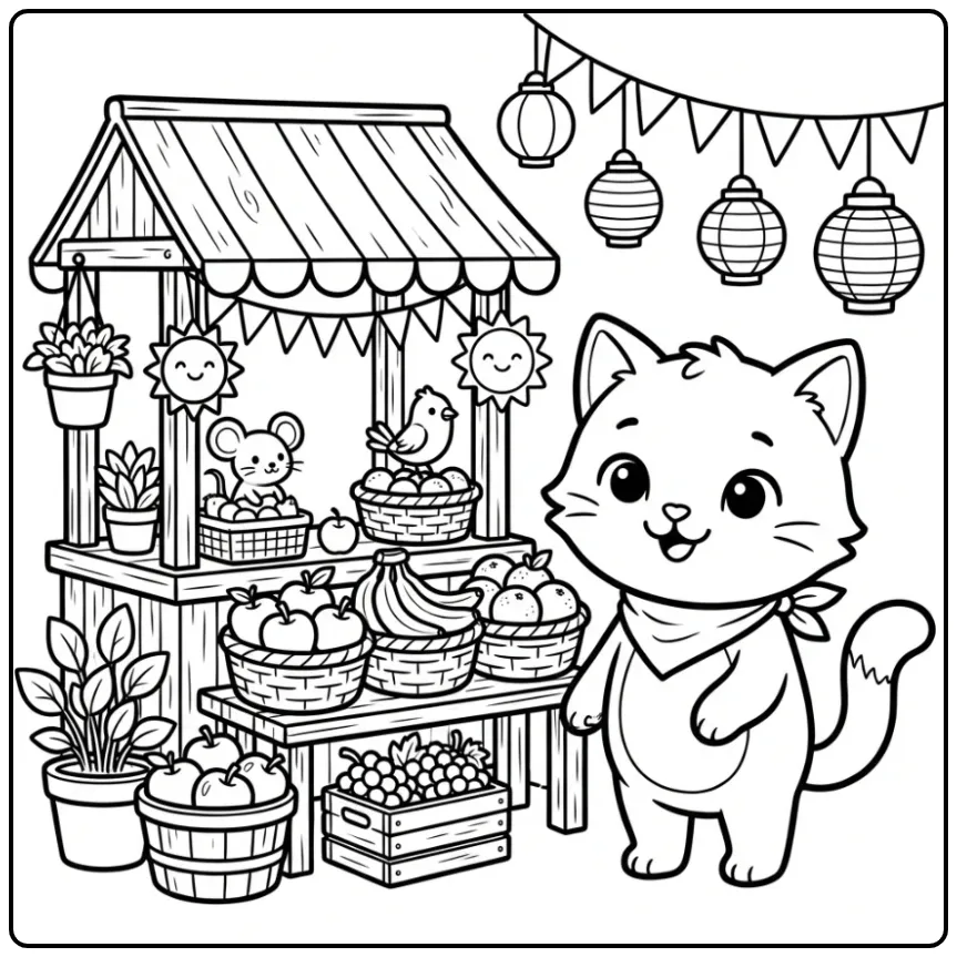 Kitten at a Small Fruit Stand coloring page
