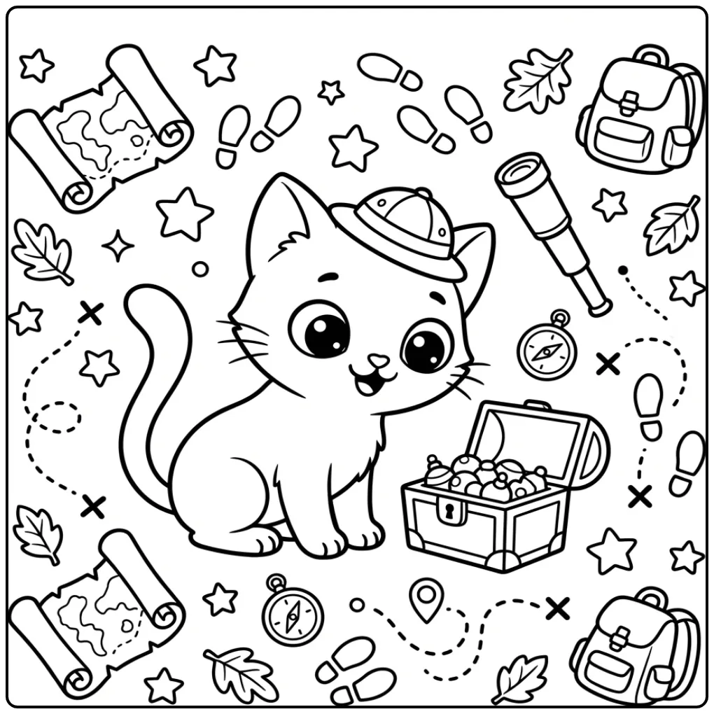 Cute Kitten Explorer with a Map coloring page