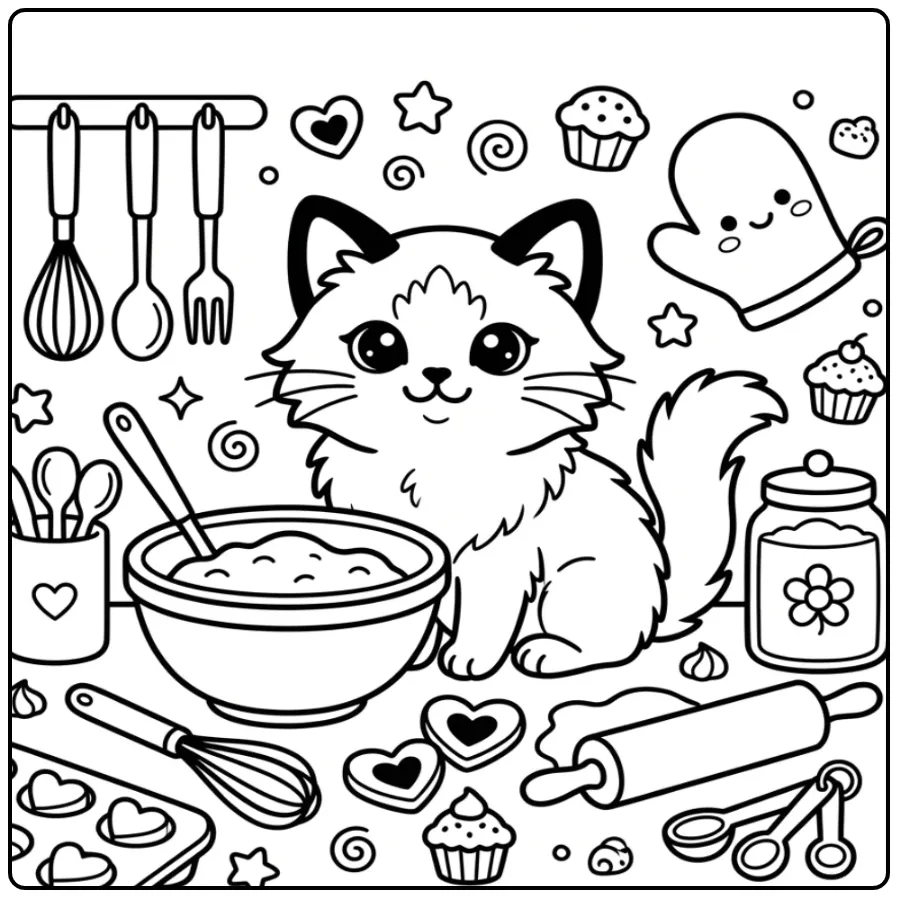 Cute Birman Kitten with Baking Supplies coloring page