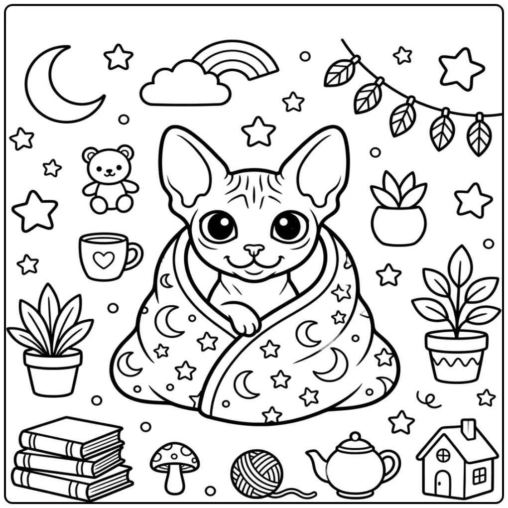 Cute Kitten Wrapped in a Blanket with Stars coloring page