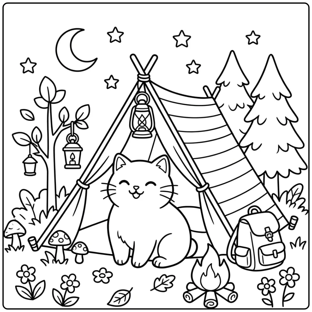 Cute Kitten in a Camping Tent coloring page