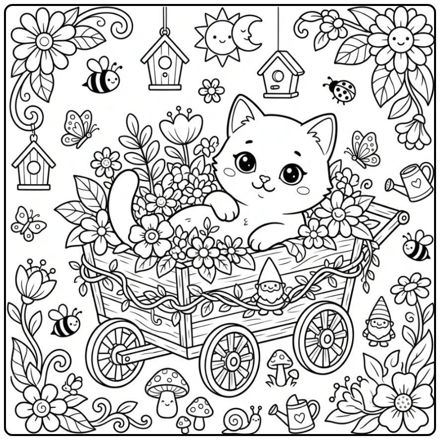 Cute Kitten with Butterflies and Flowers coloring page