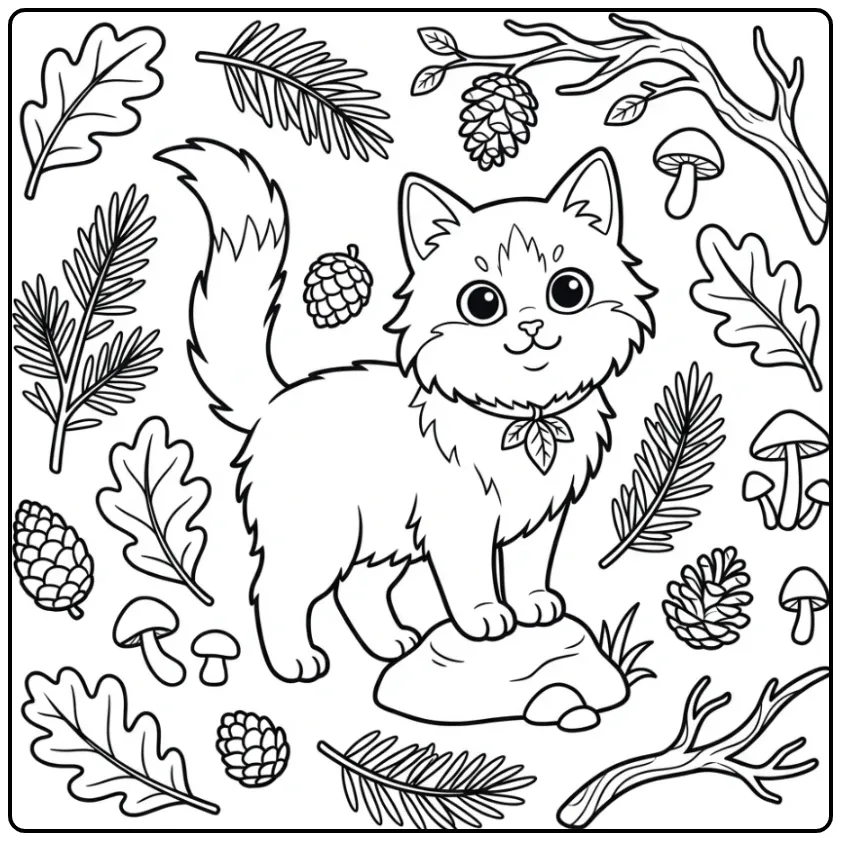 Cute Norwegian Forest Kitten on a Rock coloring page