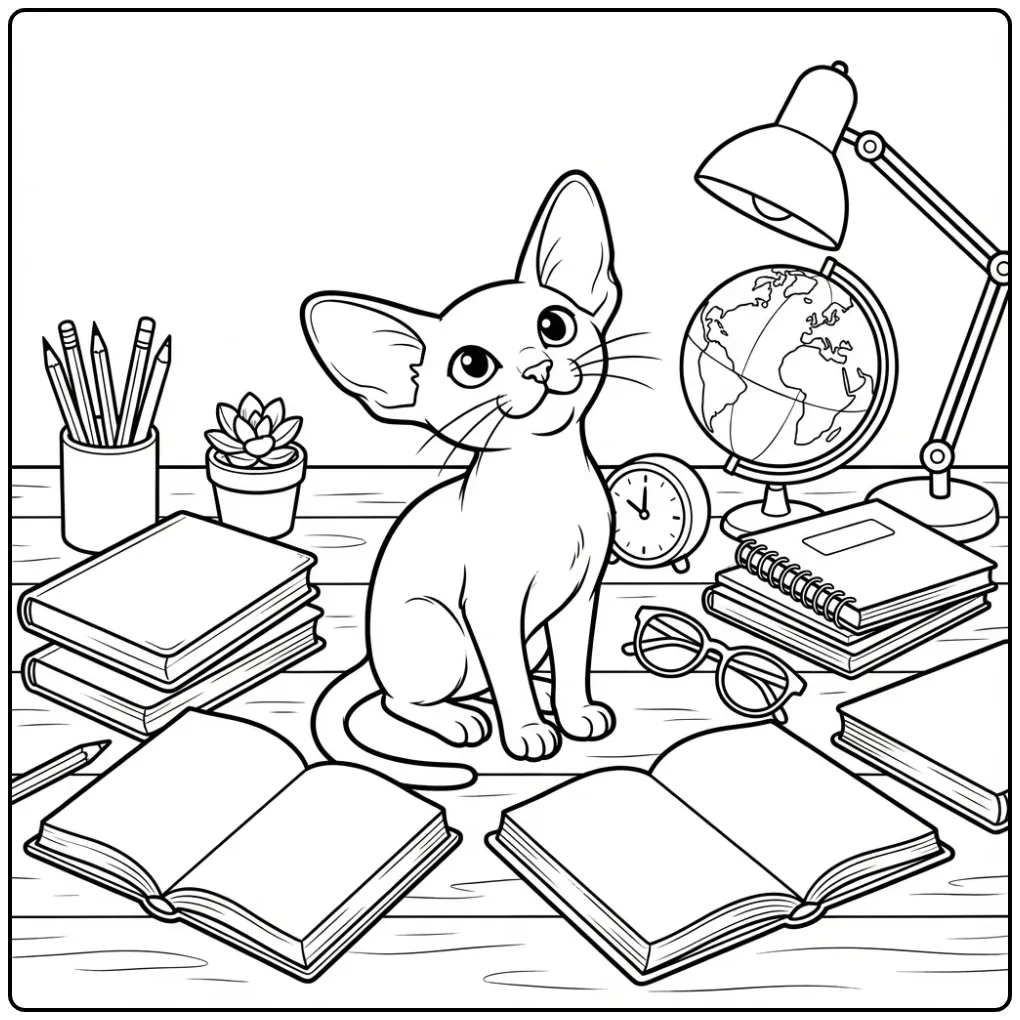 Cute Kitten on a Desk Full of Books coloring page