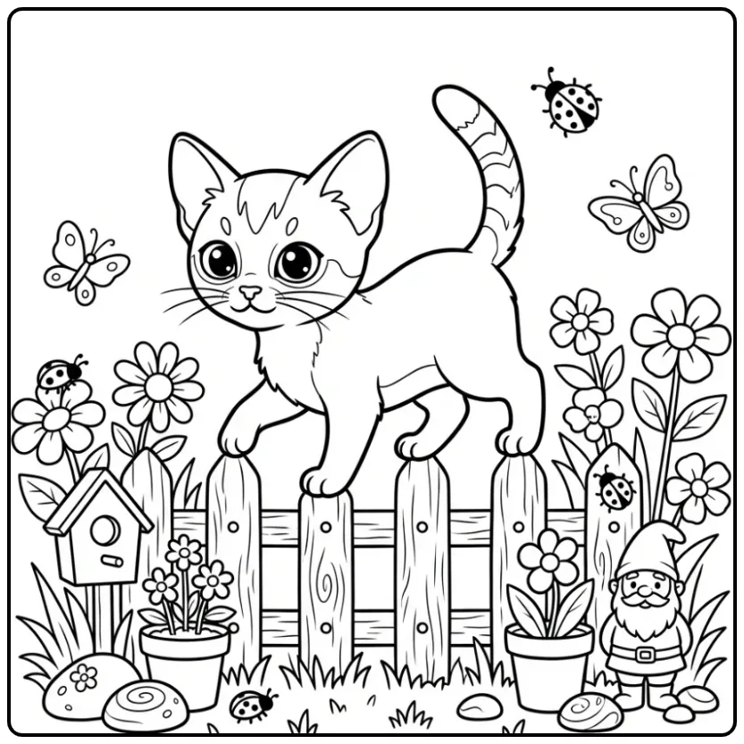 Cute Kitten on a Wooden Fence coloring page