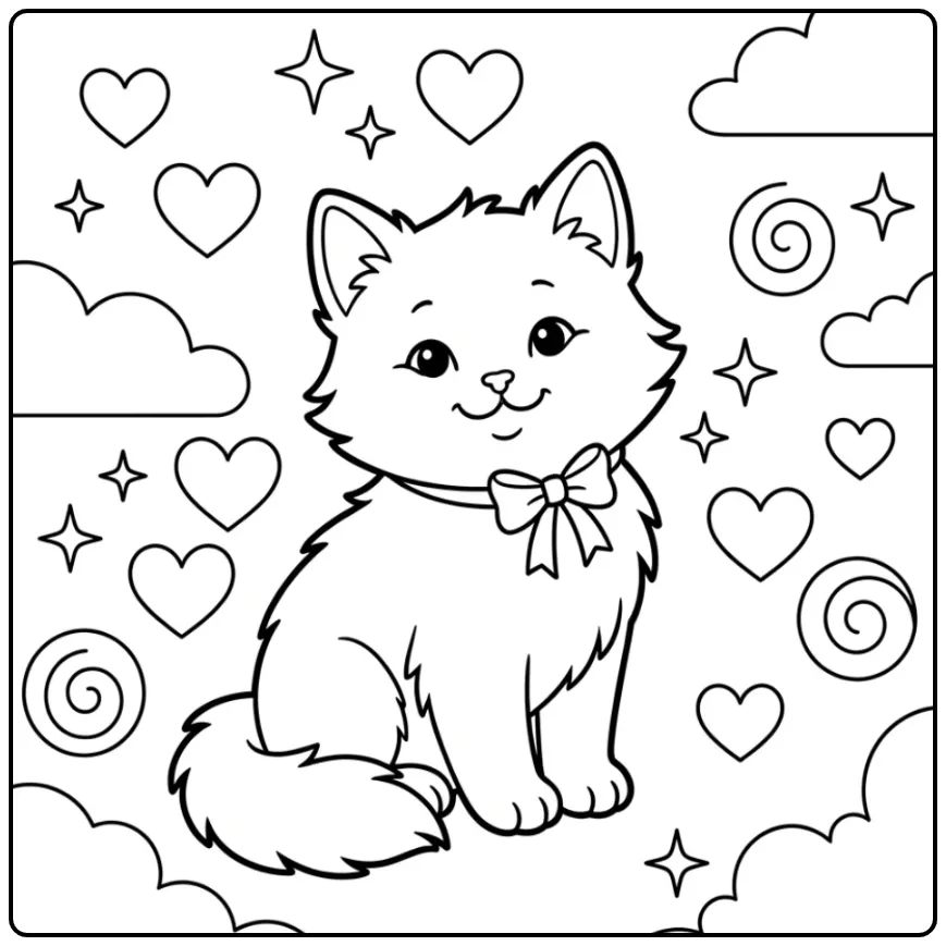 Cute Turkish Angora Kitten with Decorations coloring page