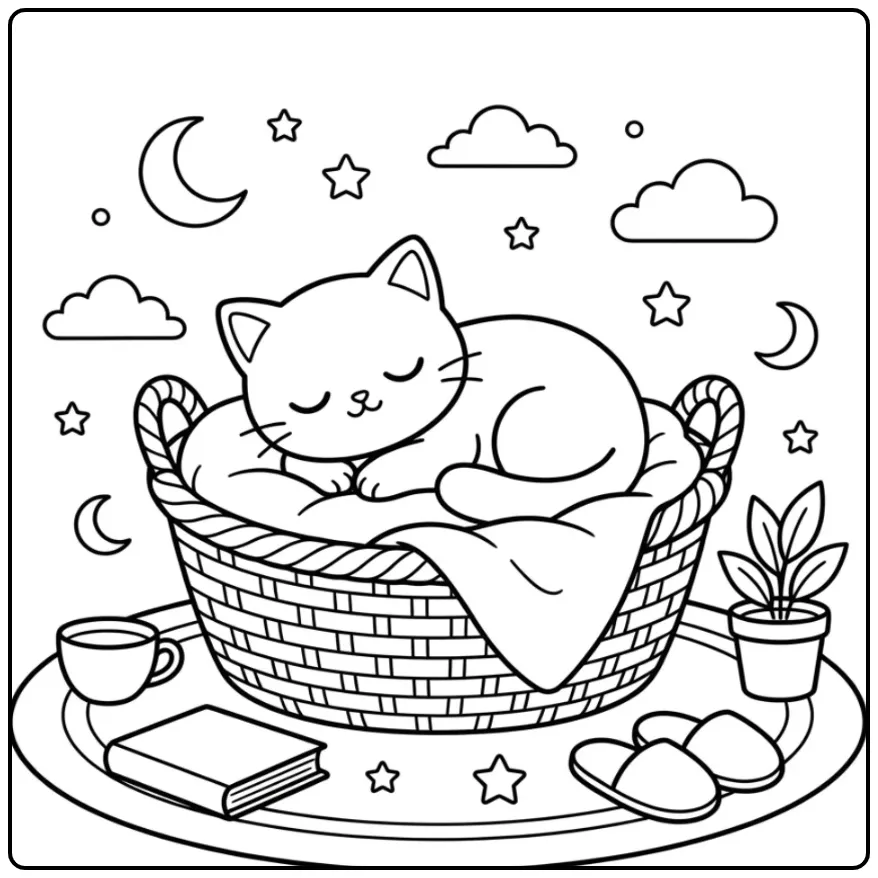 Kitten Sleeping in a Cozy Basket coloring page