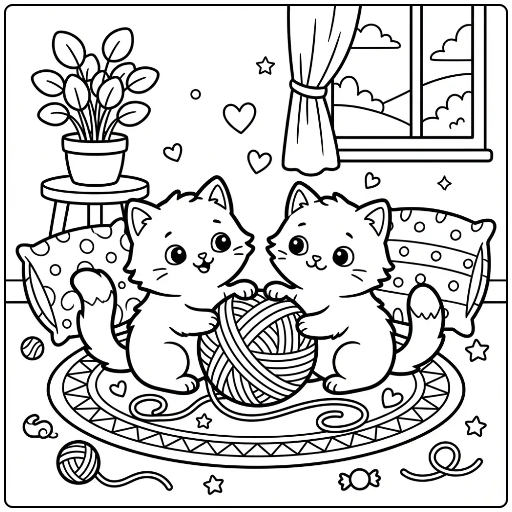 Two Kittens Playing with Yarn coloring page