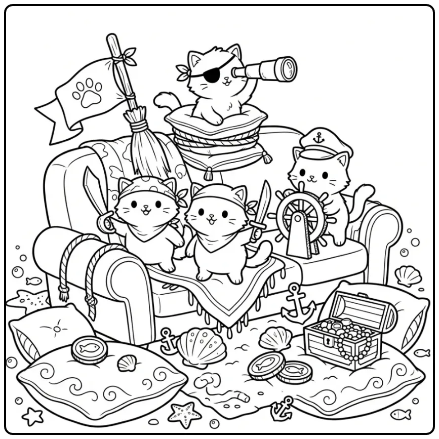 Pirate Kittens on a Boat Adventure coloring page