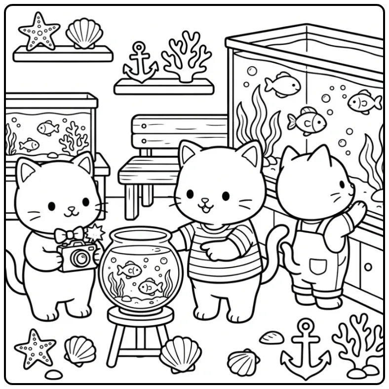 Kittens Visiting a Small Aquarium coloring page