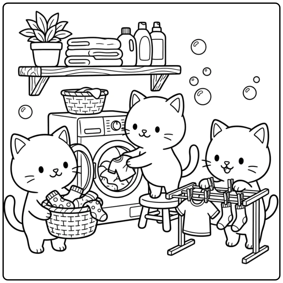 Kittens Doing Laundry in a Cheerful Bathroom coloring page