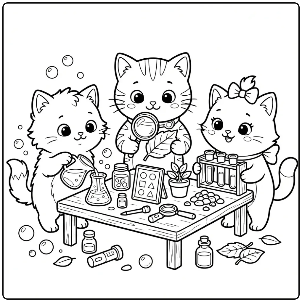 Kittens Doing Fun Science Experiments coloring page