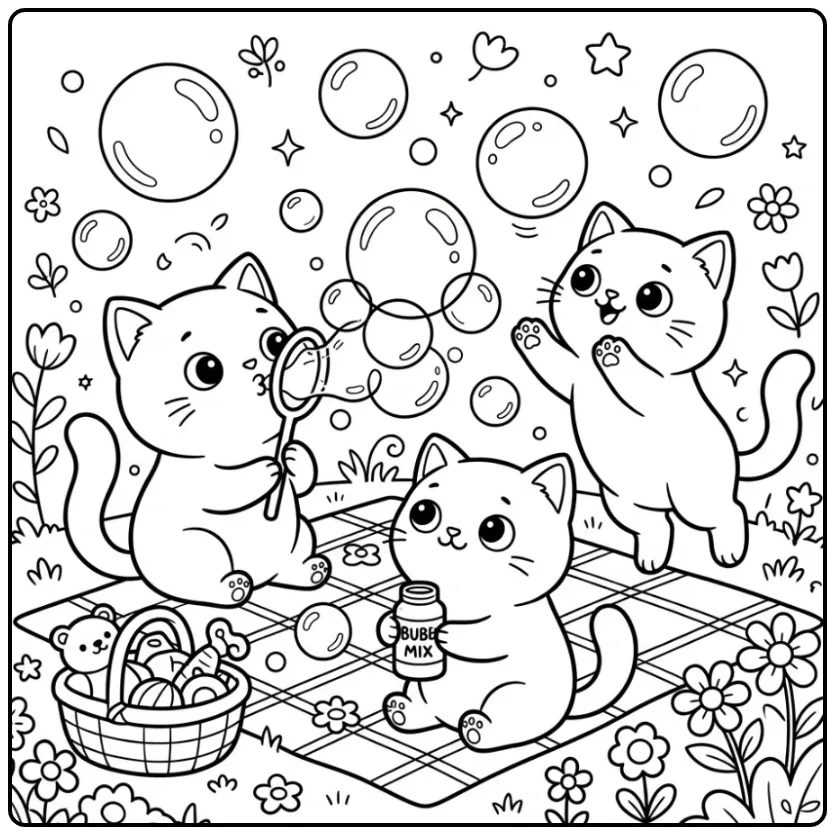 Kittens Blowing Bubbles Near a Toy Basket coloring page