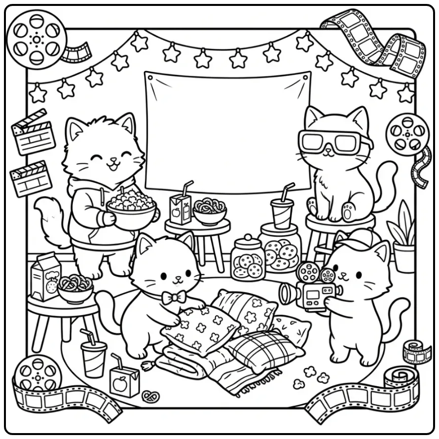 Kittens Watching a Movie with Popcorn and 3D Glasses coloring page