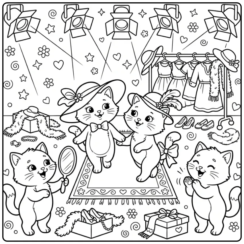 Kittens Fashion Show with Hats and Bows coloring page