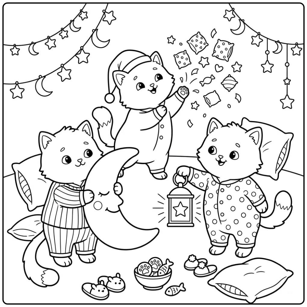 Kittens at a Cozy Sleepover coloring page