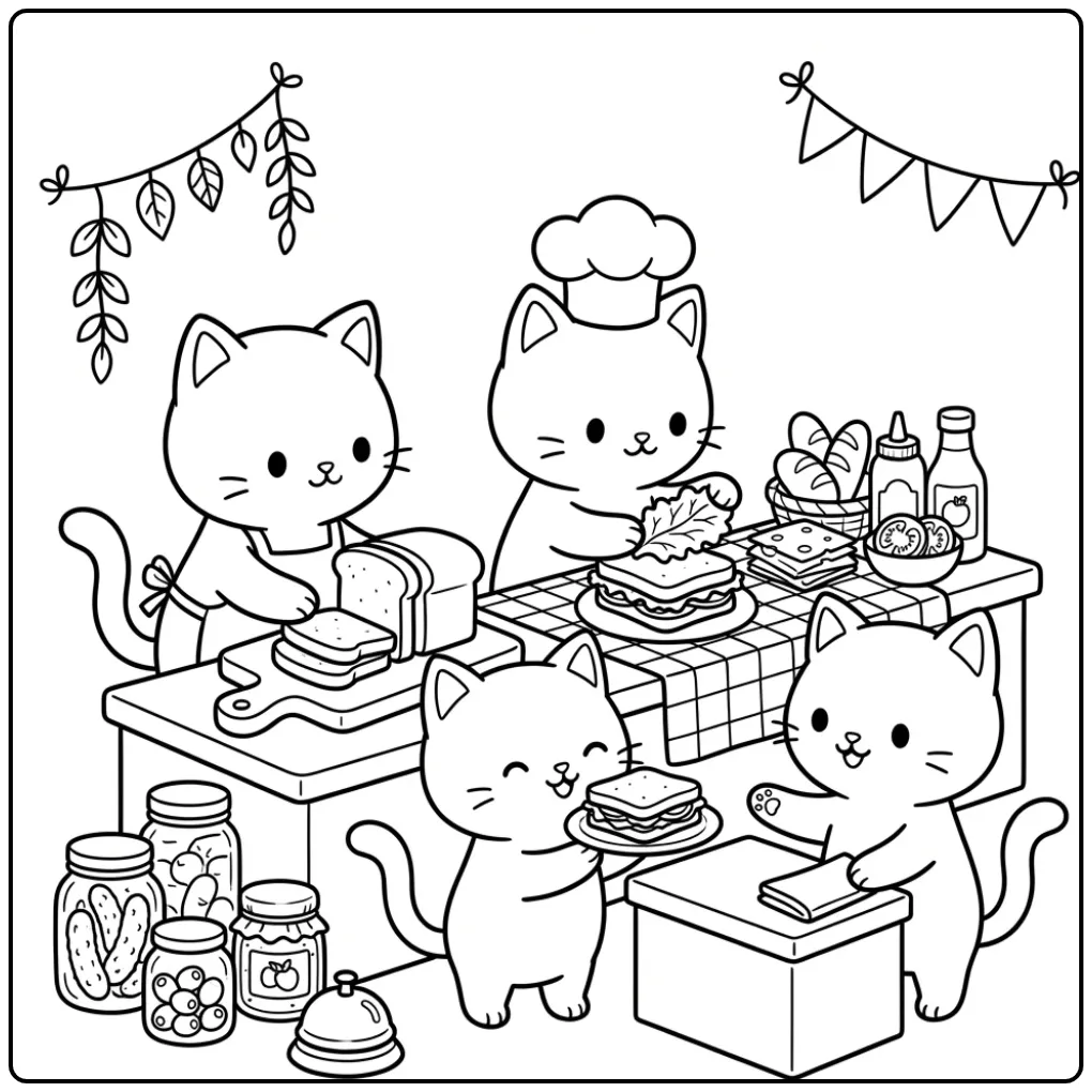 Kittens Playing in a Sandwich Shop coloring page