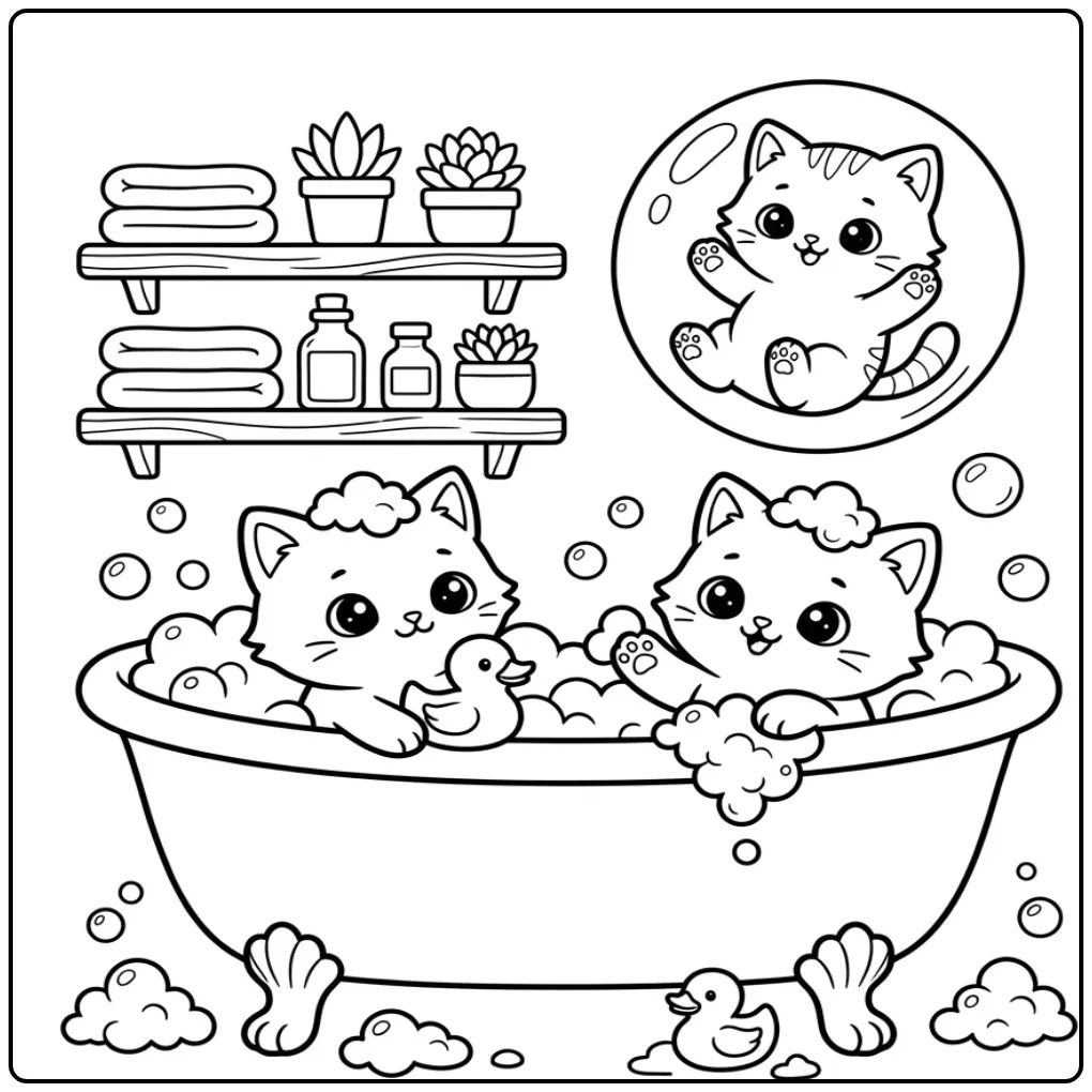 Kittens Playing with a Rubber Duck in a Bubble Bath coloring page