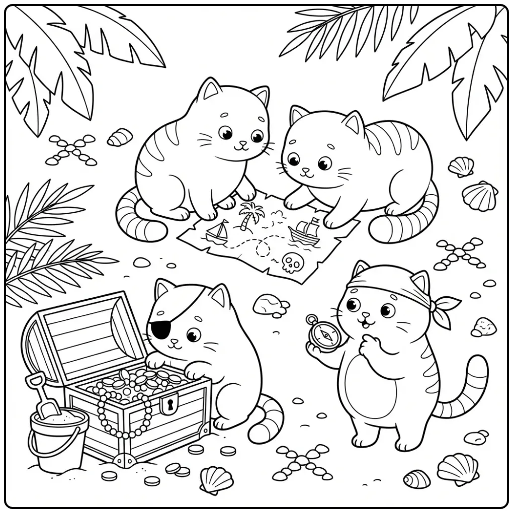 Kittens on a Treasure Hunt with a Map coloring page