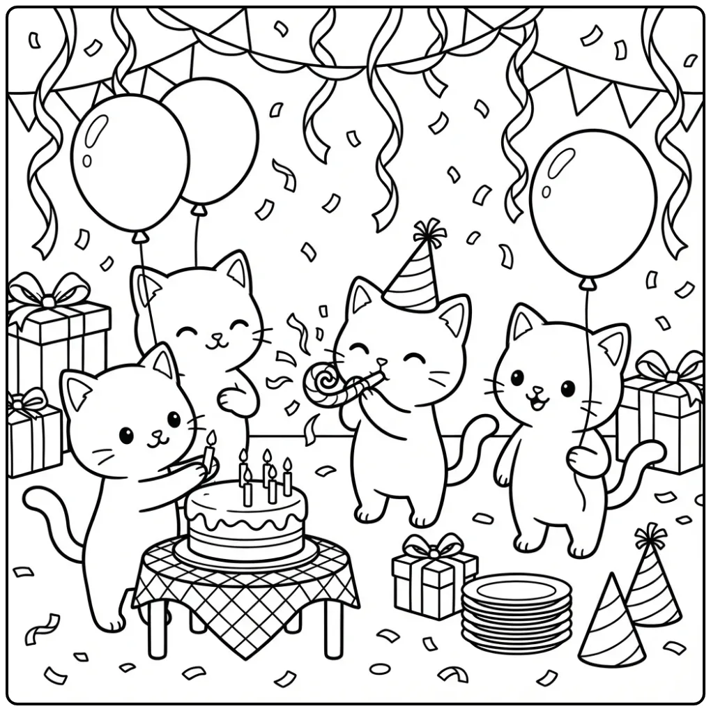 Kittens Birthday Party with Balloons and Cake coloring page