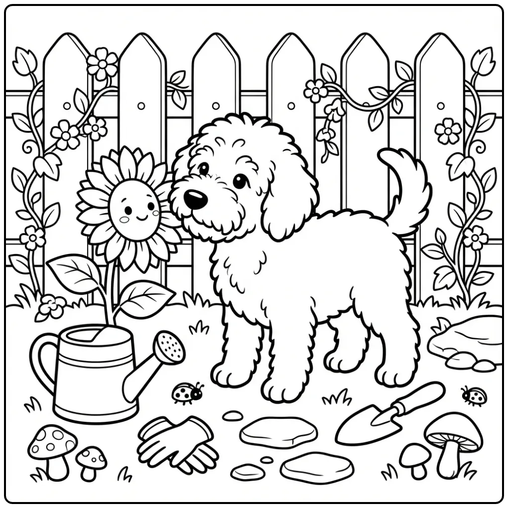 Labradoodle Puppy Smelling a Sunflower coloring page