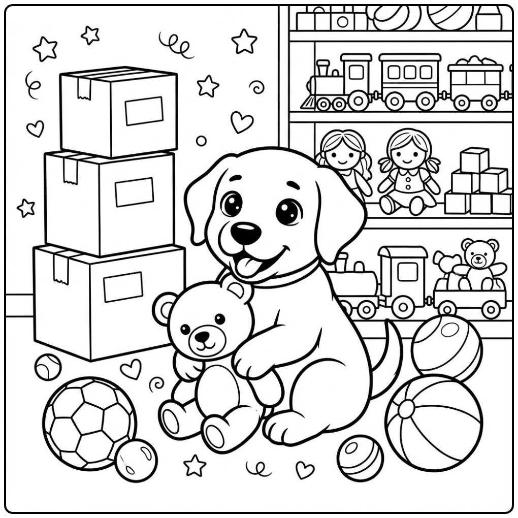 Labrador Pup in a Room Full of with Fun Toys coloring page