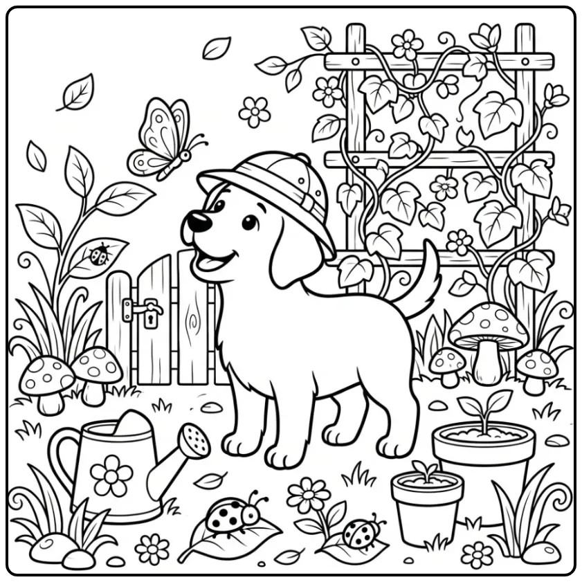 Labrador Puppy Adventure in the Garden with Butterfly coloring page