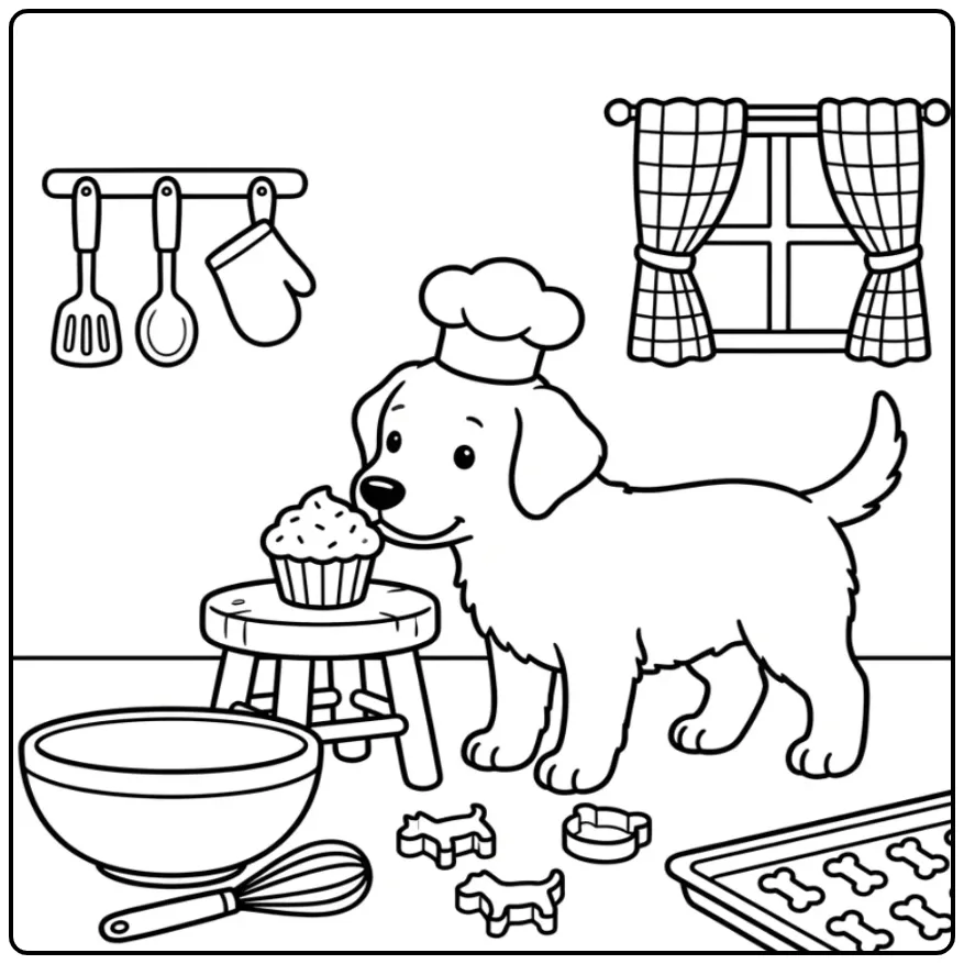 Labrador Puppy Baking Cookies in the Kitchen coloring page