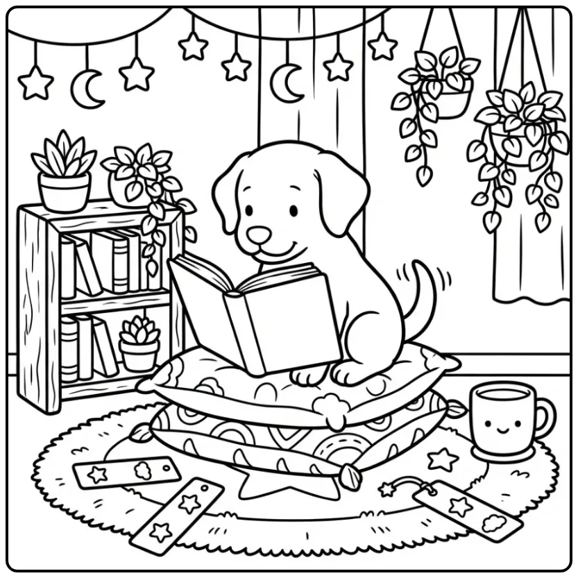Labrador Puppy with Book in Cozy Nook coloring page