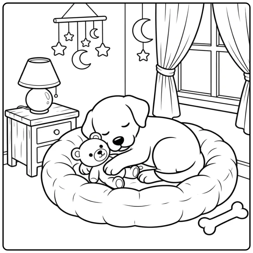 Labrador Puppy Sleeping with Teddy Bear coloring page