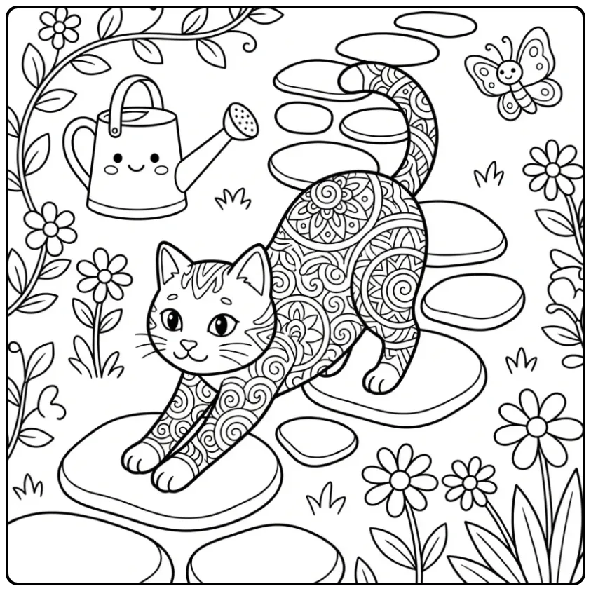 Mandala Cat coloring page on a garden path with flowers