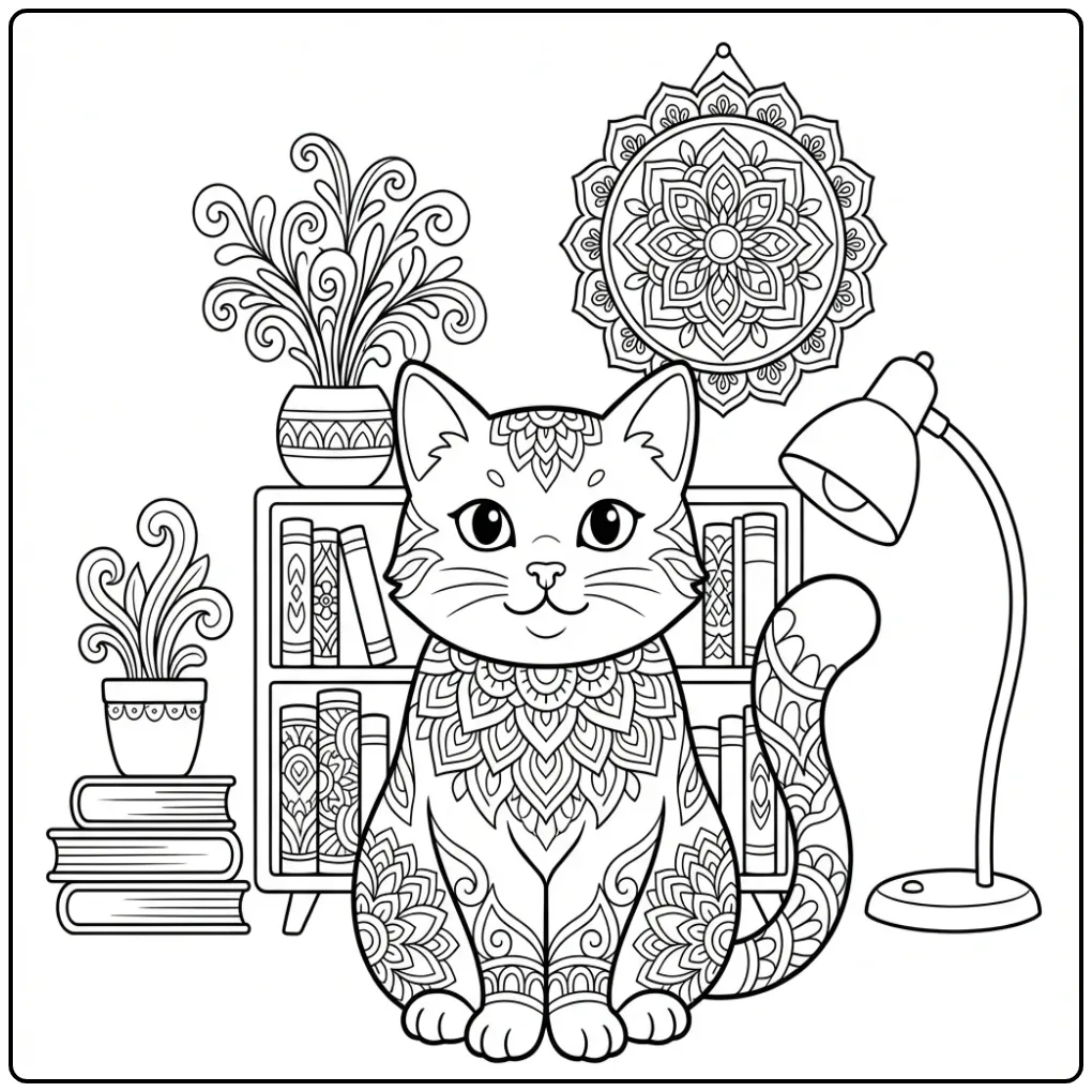 Mandala Cat coloring page by a bookcase