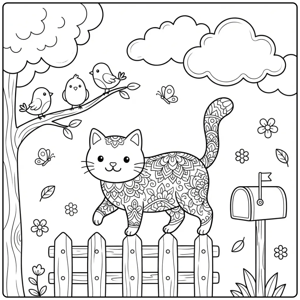 Mandala Cat coloring page on a garden fence