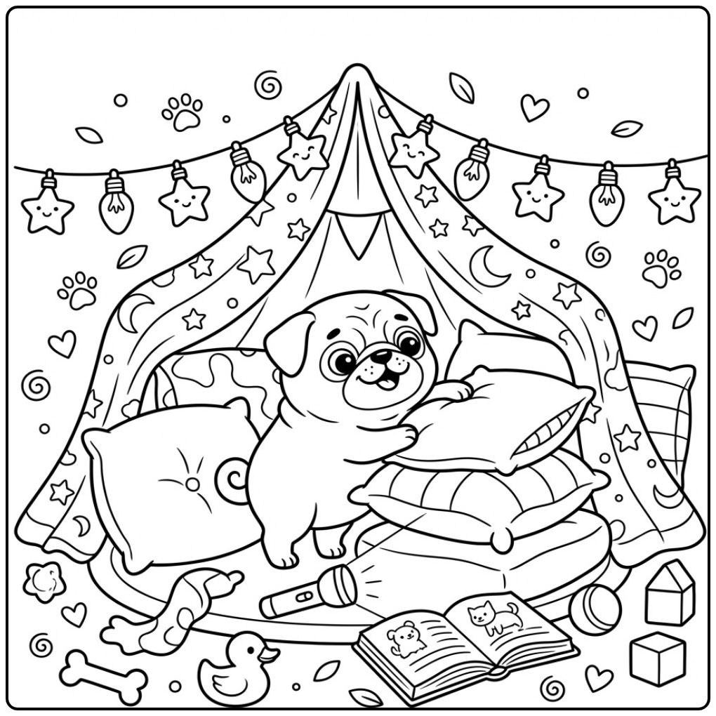 Pug Building a Fort of Cushions coloring page