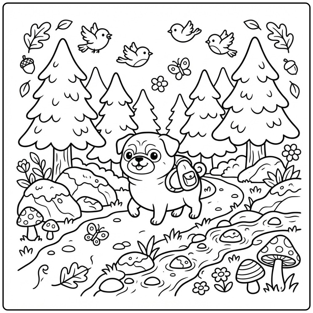 Pug on Adventure in the Magical Nature coloring page