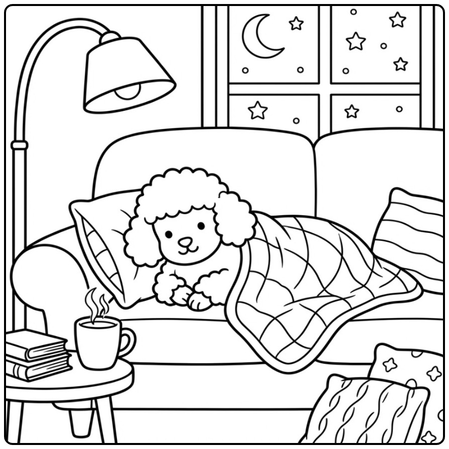 Poodle Enjoying a Cozy Evening on the Couch coloring page